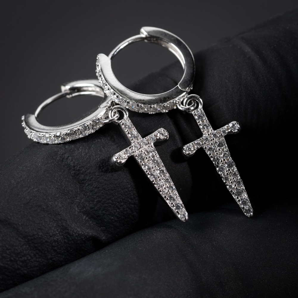 Hanging Dangle Sterling Silver Iced Dagger Cross Hoop Earrings